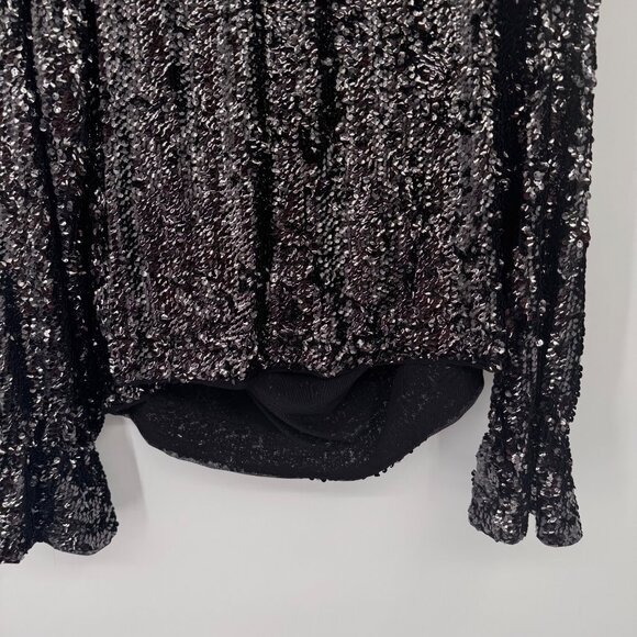 Free People moonstruck Sequin Long Sleeve Blouse  Open Back bell sleeve size XL - Picture 5 of 10